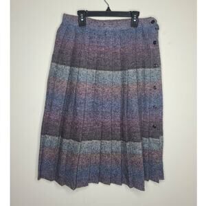 Vintage pink blue grey plaid long pleated skirt with button details - 13